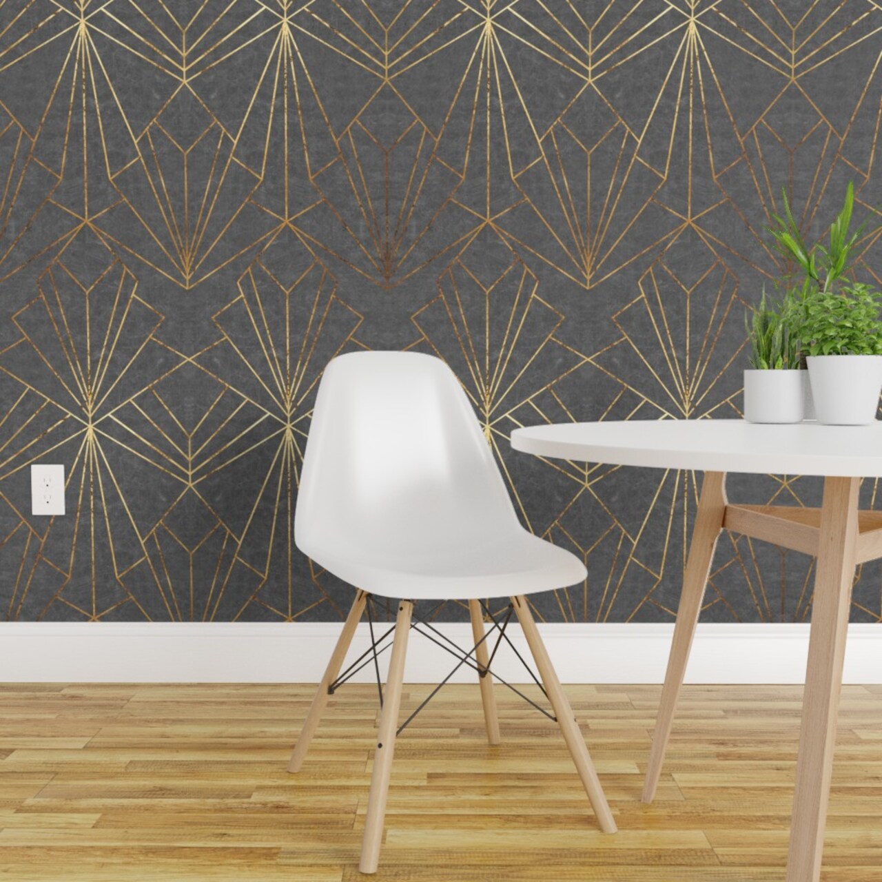 Pre-Pasted Wallpaper 2FT Wide Art Deco Geometric Faux Gold Look Grey Roaring Twenties 1920S Flapper Custom Pre-pasted Wallpaper by Spoonflower